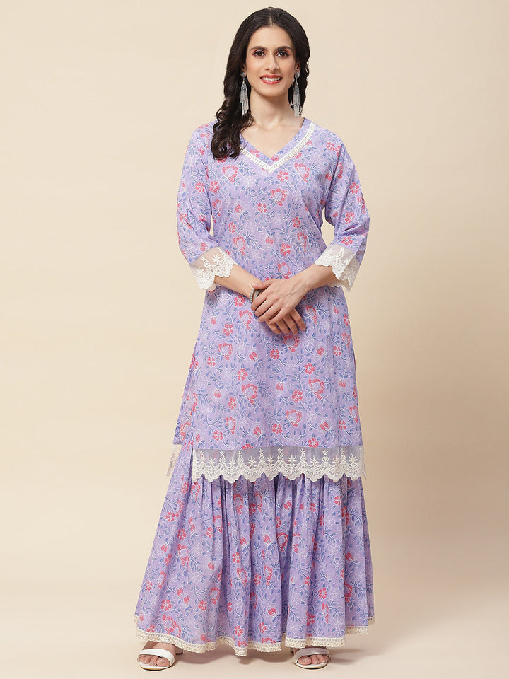 Floral Printed Cotton Kurta With Sharara