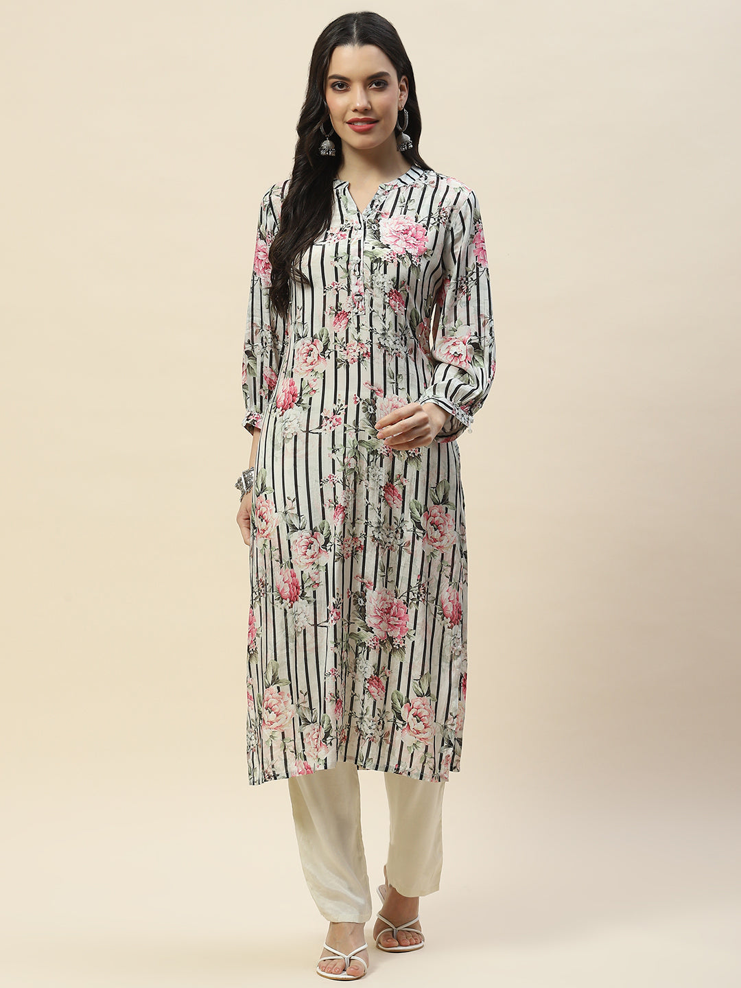 Floral Print Muslin Kurta With Pants