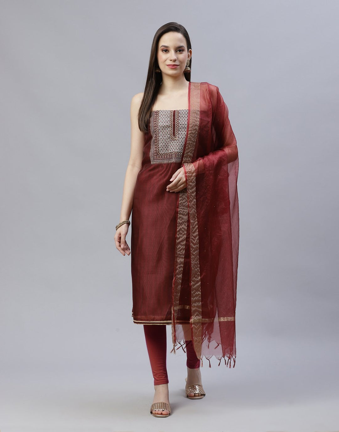 Chanderi Suit Piece With Embroidered Yoke