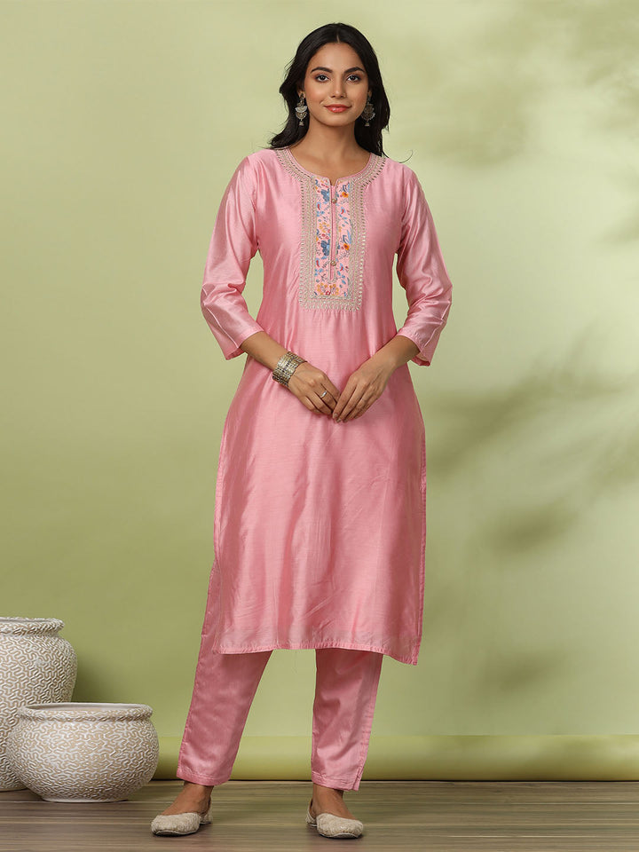 Neck Embroidered Chanderi Kurta With Pants &amp; Dupatta
