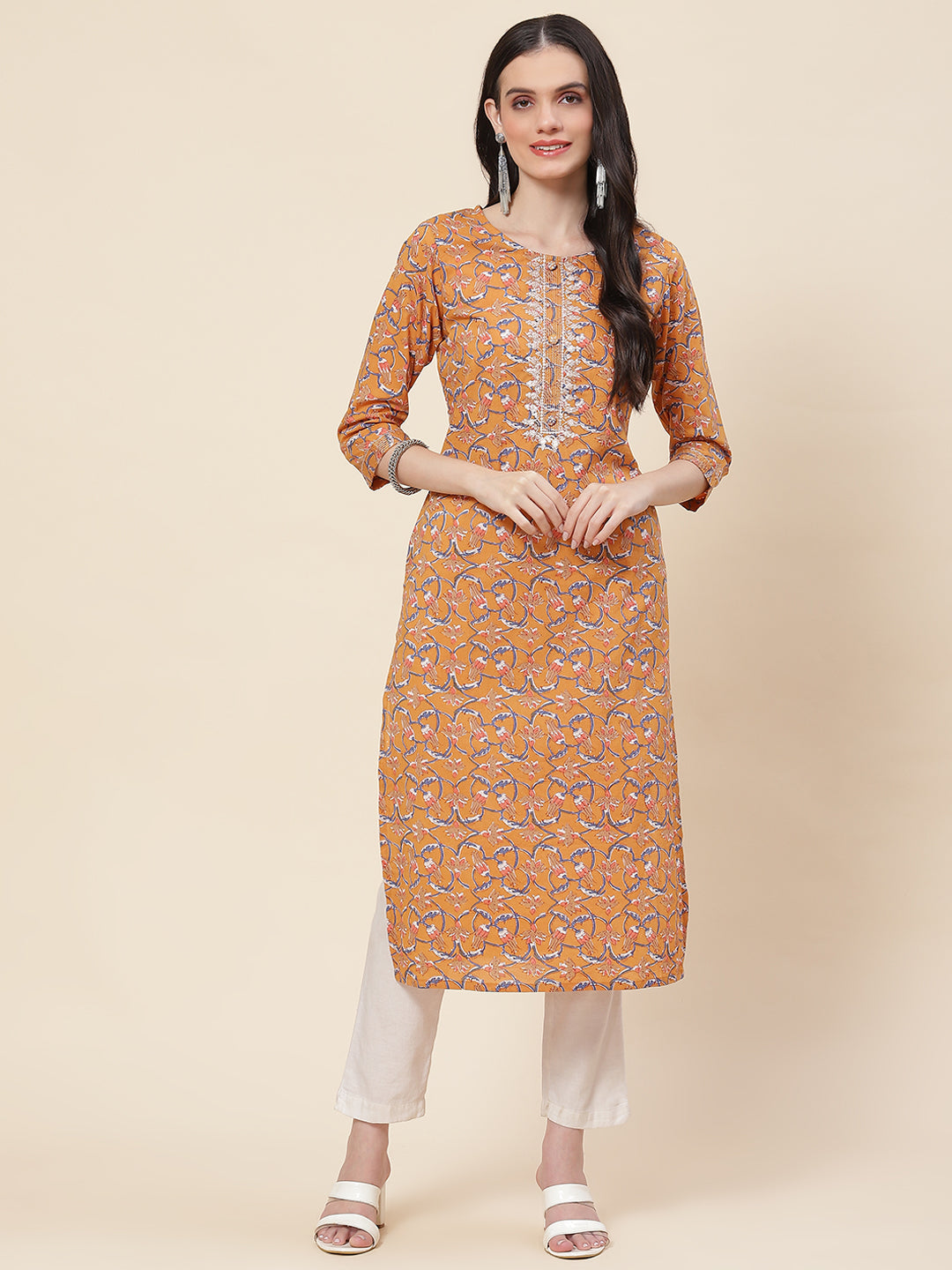 Printed &amp; Neck Embroidered Cotton Kurta