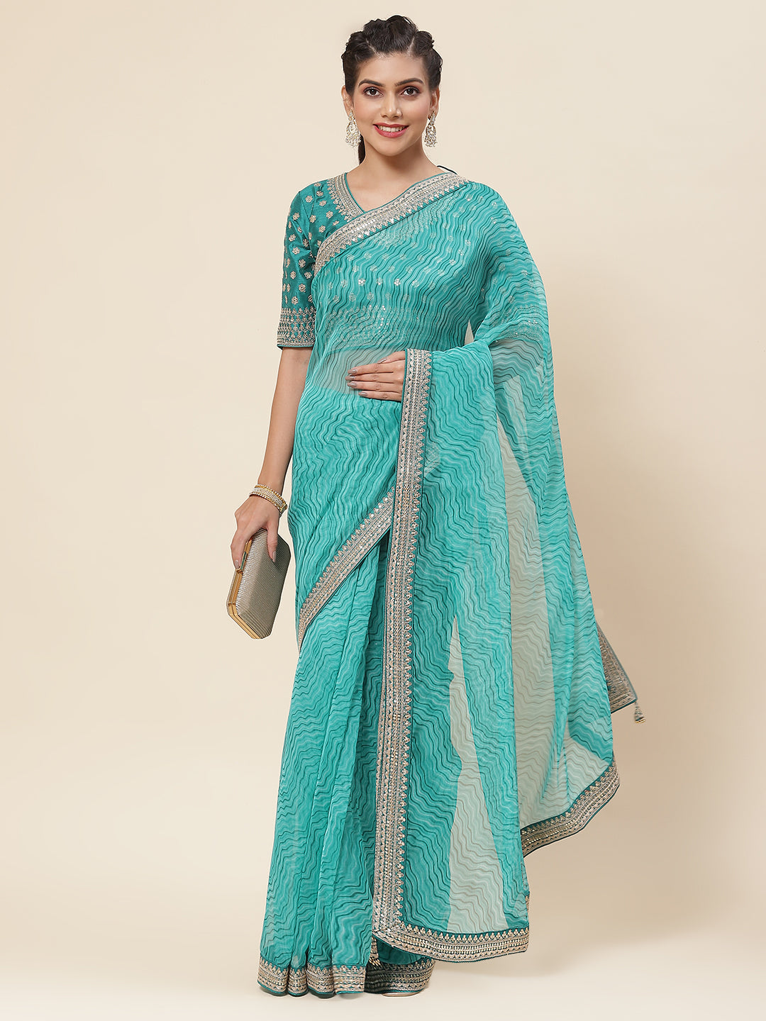 Printed & Embroidered Border Organza Saree