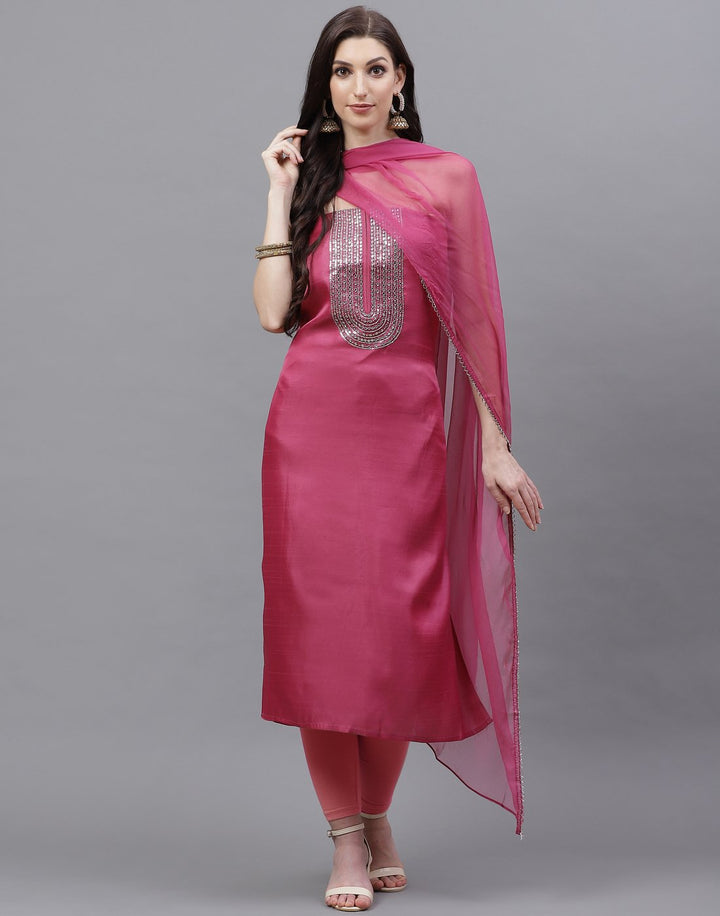 Embroidered Art Handloom Dupion Suit Piece With Chiffon Dupatta