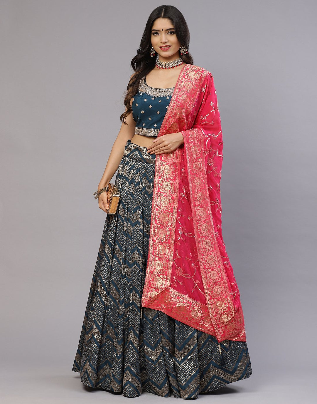Teal Blue Handloom Dupion Laacha with Contrast dupatta