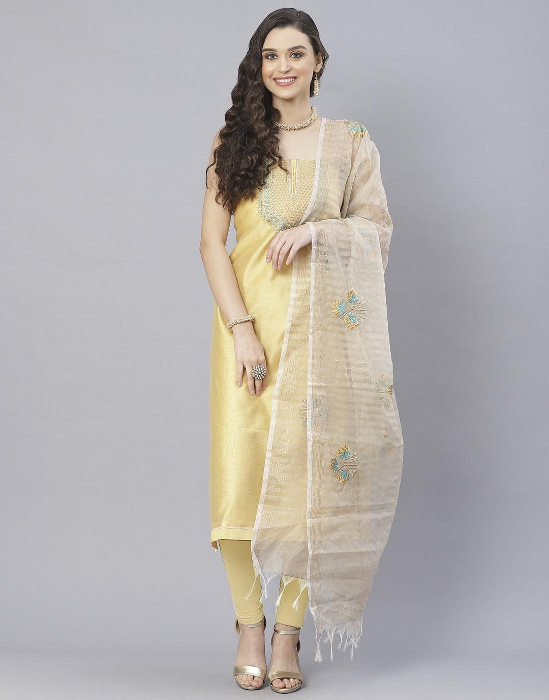 Chanderi Embroidered Suit Piece with fancy dupatta
