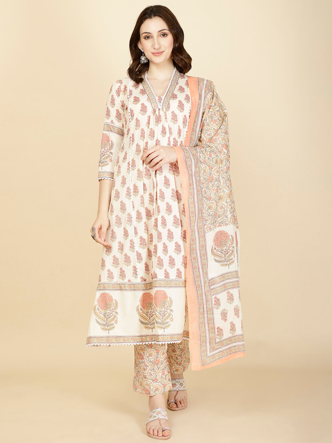 Floral Block Printed Cotton Kurta With Pants &amp; Dupatta