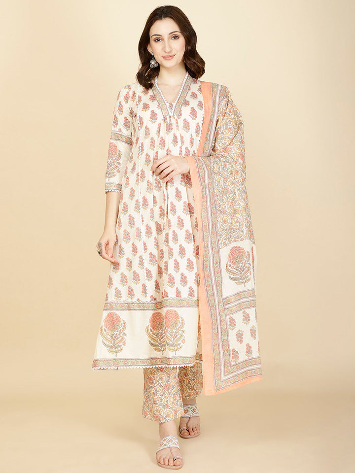 Floral Block Printed Cotton Kurta With Pants &amp; Dupatta