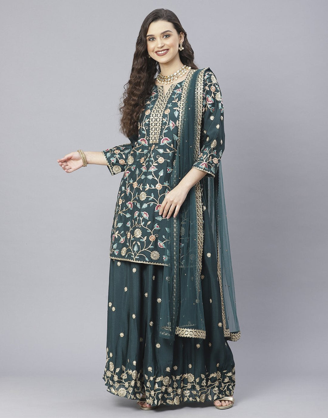 Rama Green and Hot Pink Art Crepe Salwar Kameez