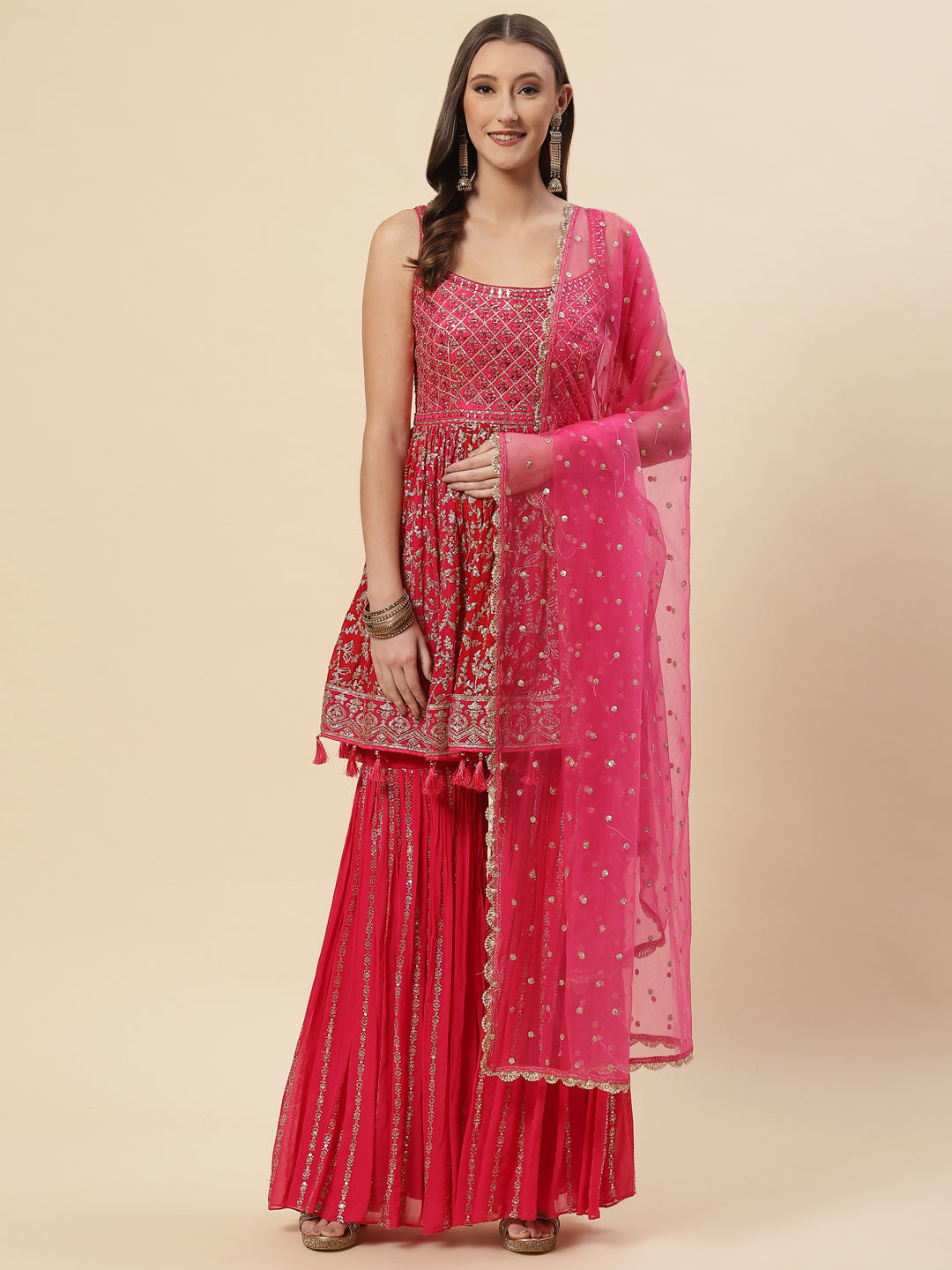 Sequin Embroidered Crepe Kurti With Garara &amp; dupatta