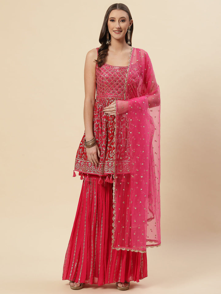 Sequin Embroidered Crepe Kurti With Garara &amp; dupatta