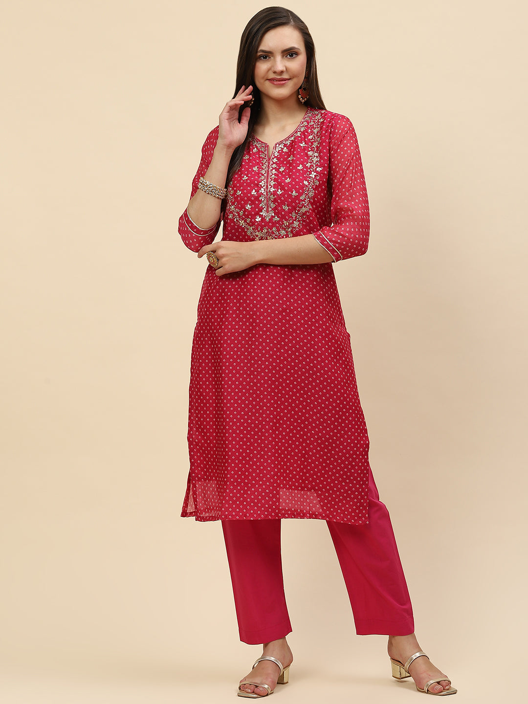 Gota Work &amp; Printed Chanderi Kurta With Pants