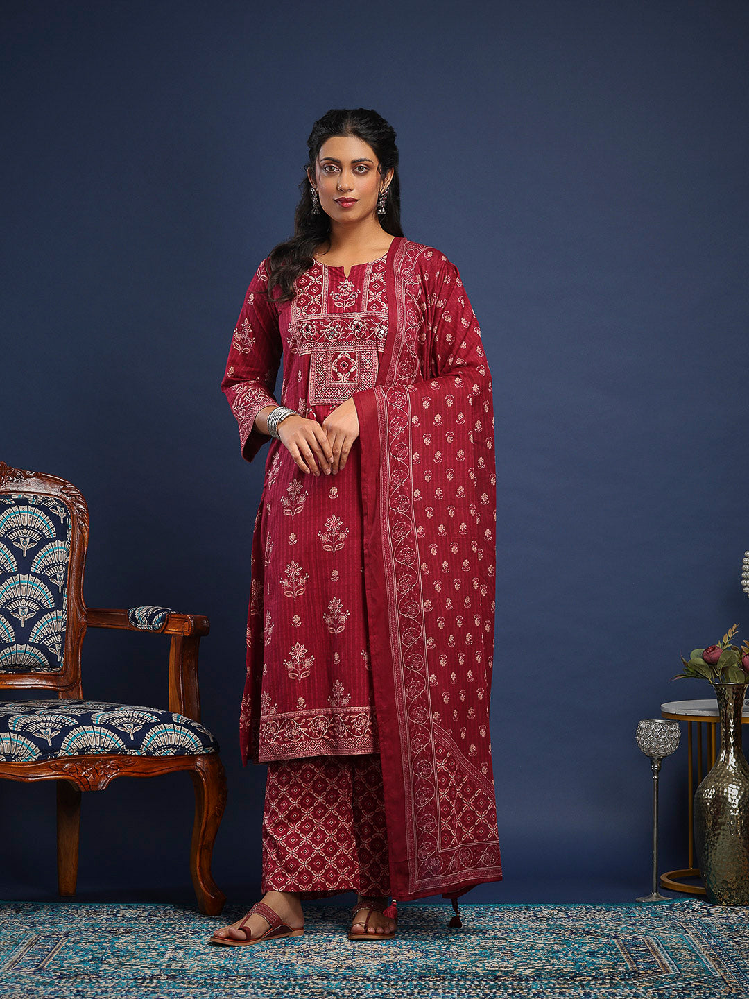 Wine Cotton Blend Printed A Line Suit Set