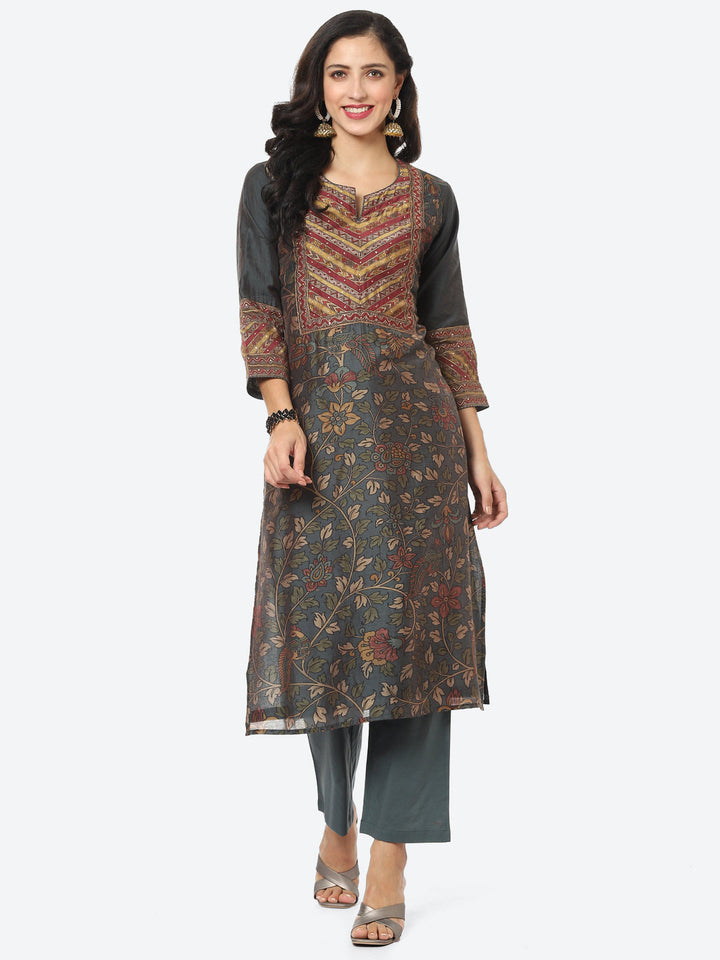 Floral Printed Chanderi Kurti With Pant