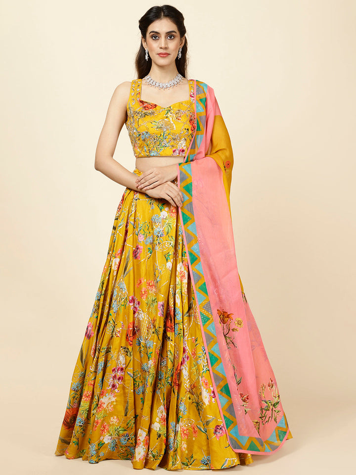 Floral Printed Crepe Choli With Lehenga &amp; Dupatta