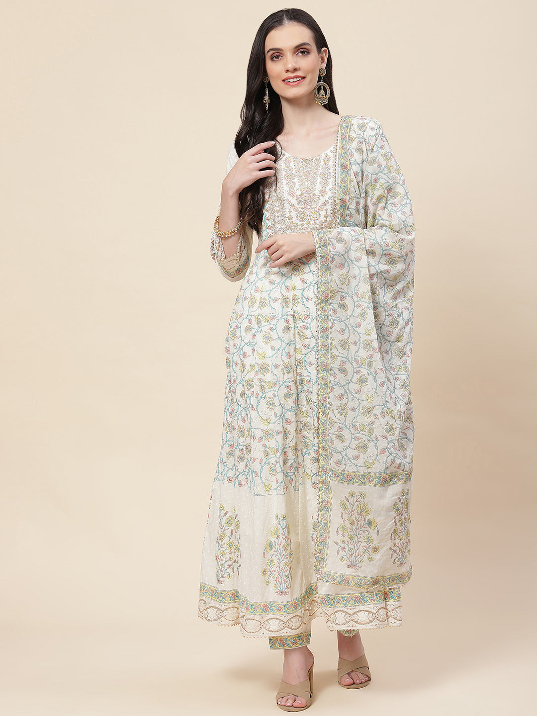 Floral Printed Cotton Kurta With Pants &amp; Dupatta