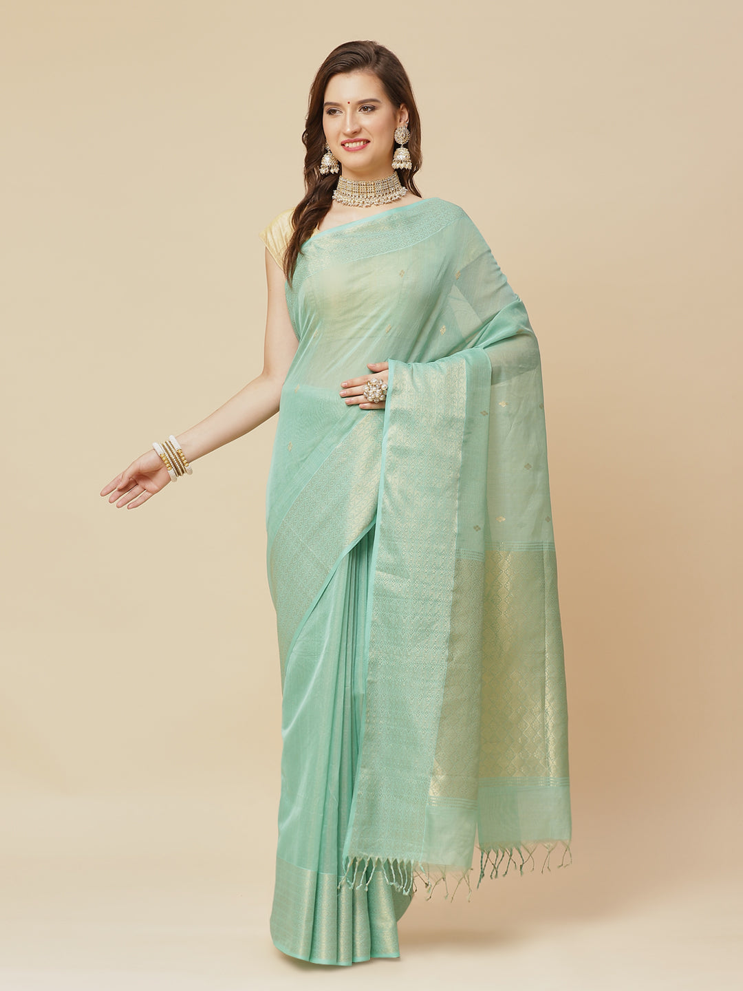 Zari Border Booti Cotton Woven Saree