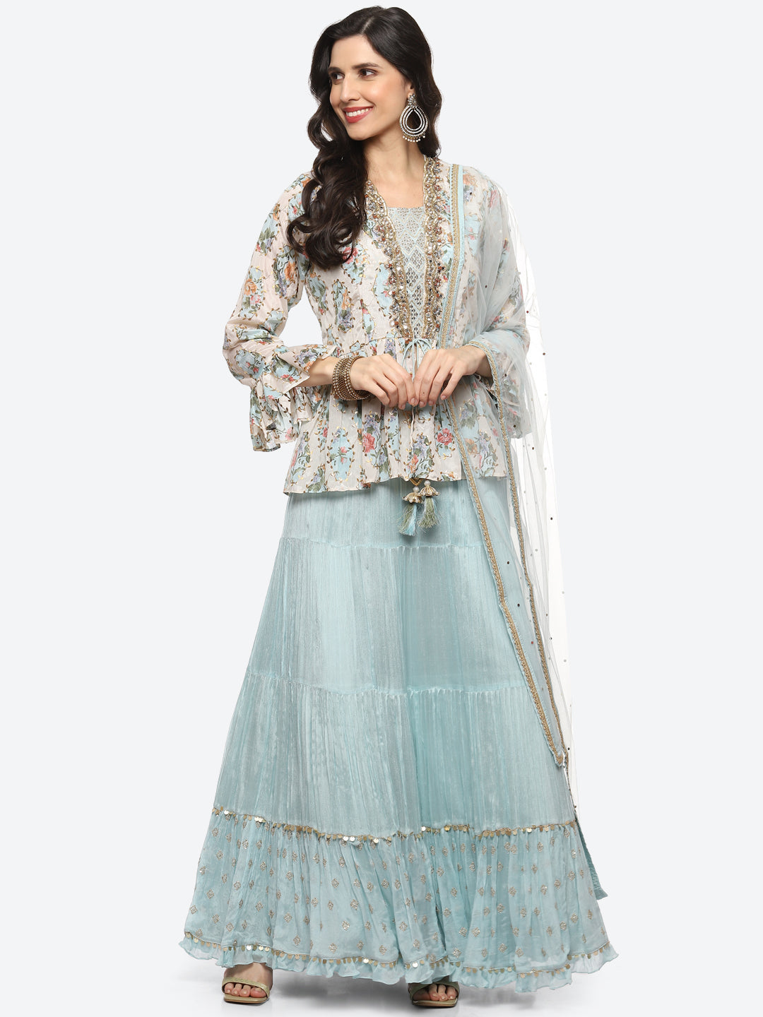 Resham Embroidered Crepe Choli Jacket With Lehenga &amp; Dupatta
