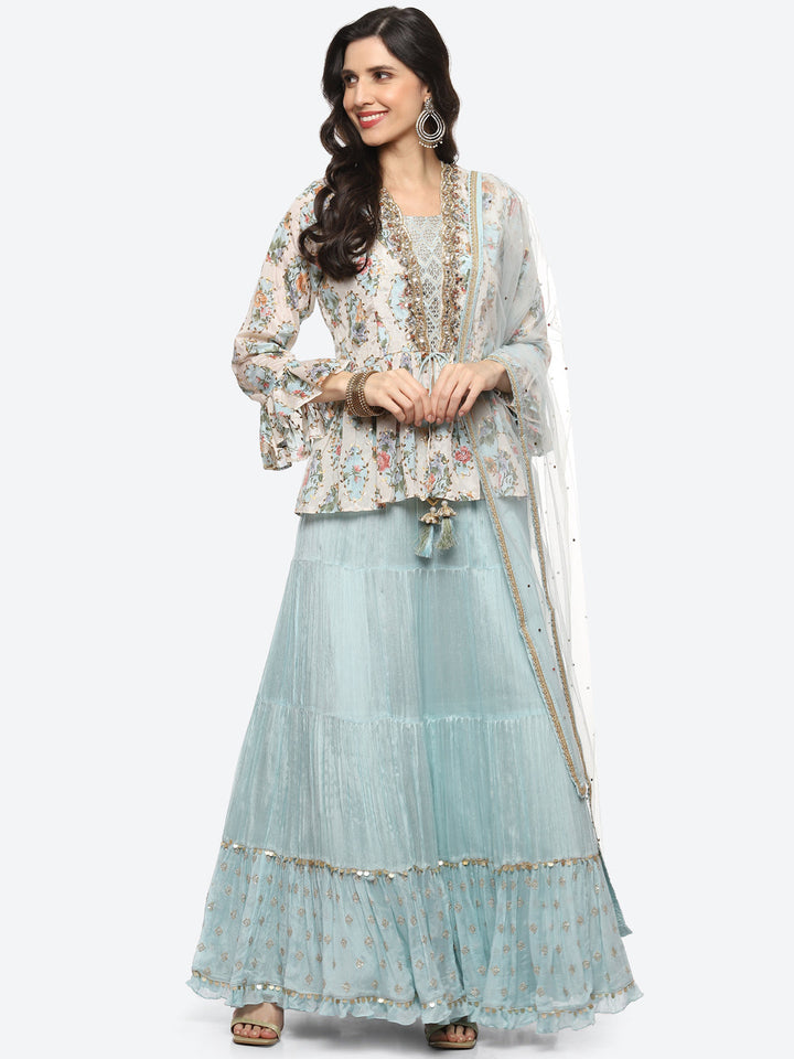 Resham Embroidered Crepe Choli Jacket With Lehenga &amp; Dupatta