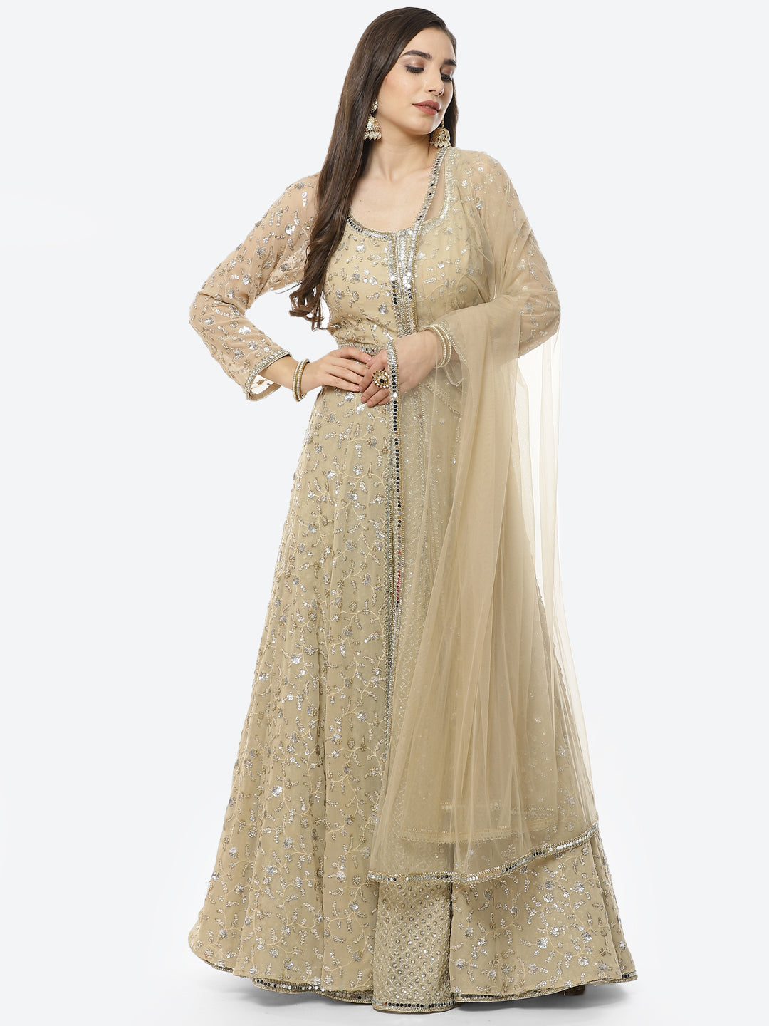 Embroidered Georgette Anarkali Kurti With Lehenga And Net Dupatta