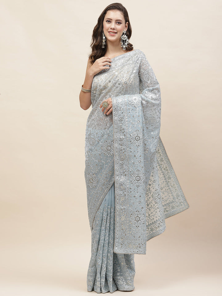 Resham Jaal Embroidery Organza Saree