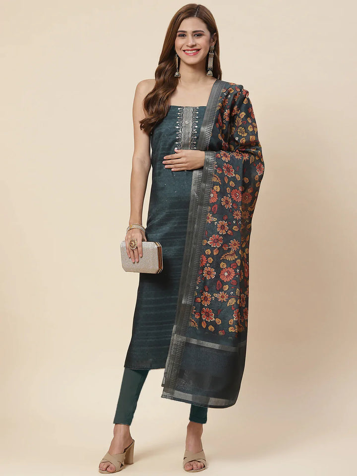 Neck Embroidered Chanderi Unstitched Suit Piece With Dupatta