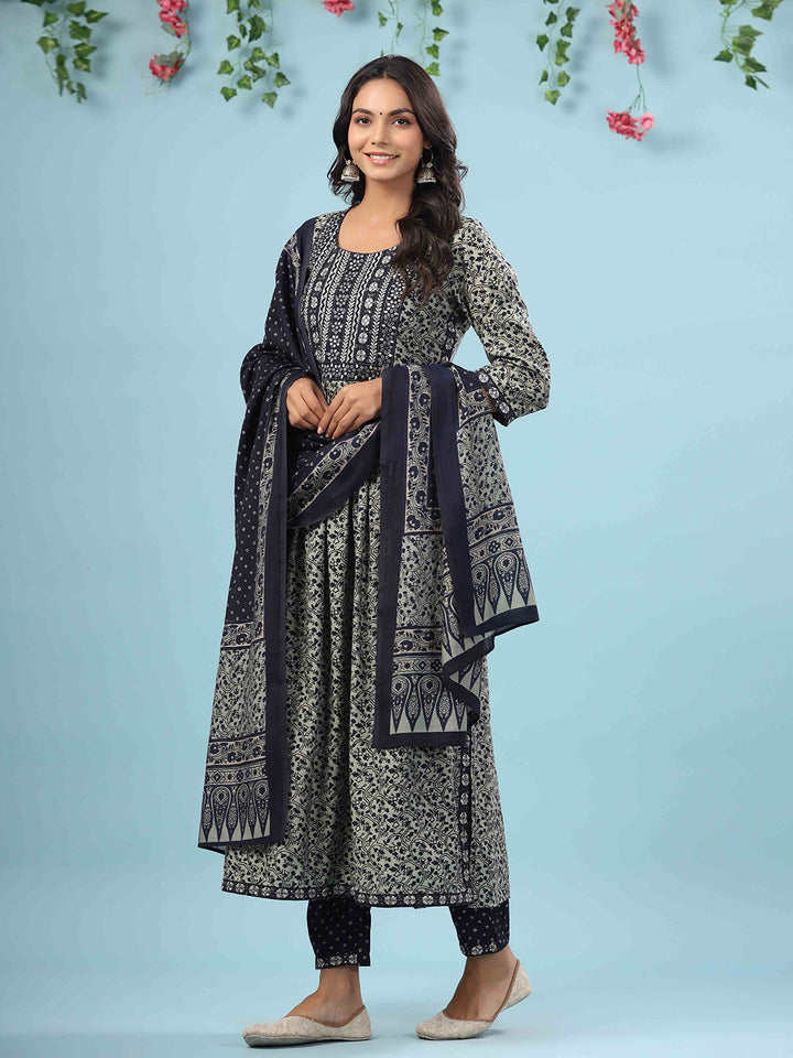Printed Cotton Kurta With Pants &amp; Dupatta