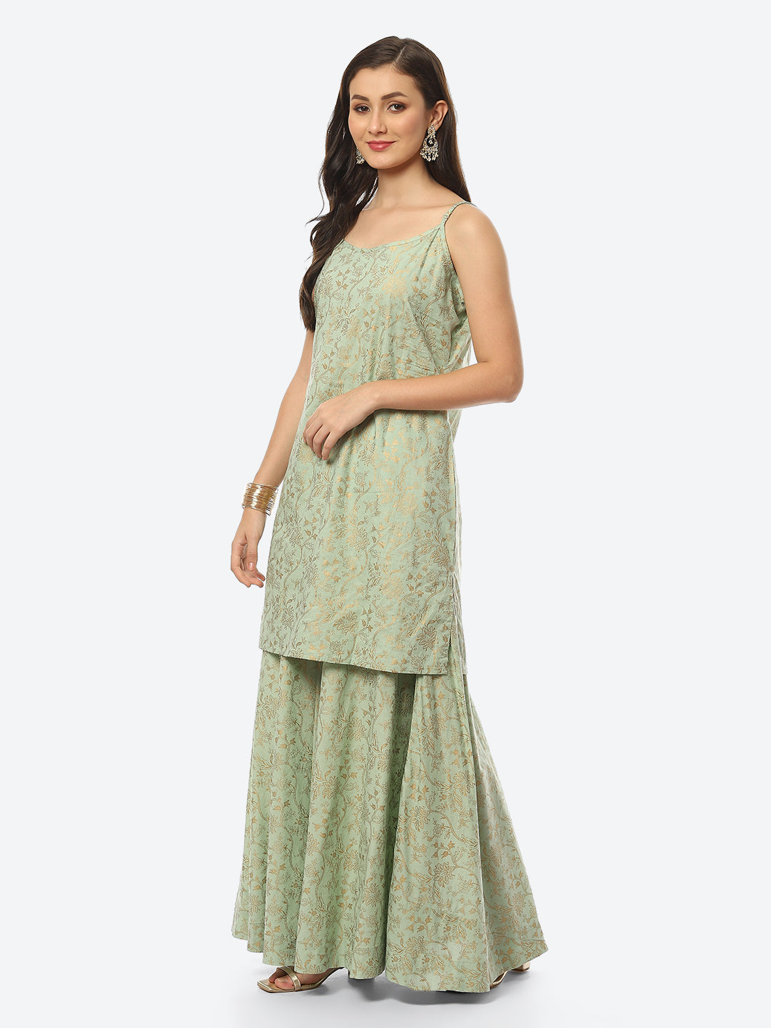 Printed Chanderi Kurta With Skirt &amp; Jacket