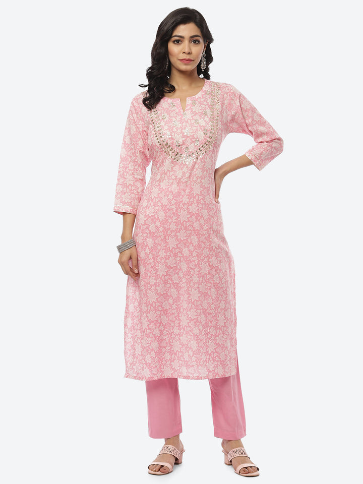 Printed Gota Neck Cotton With Pant