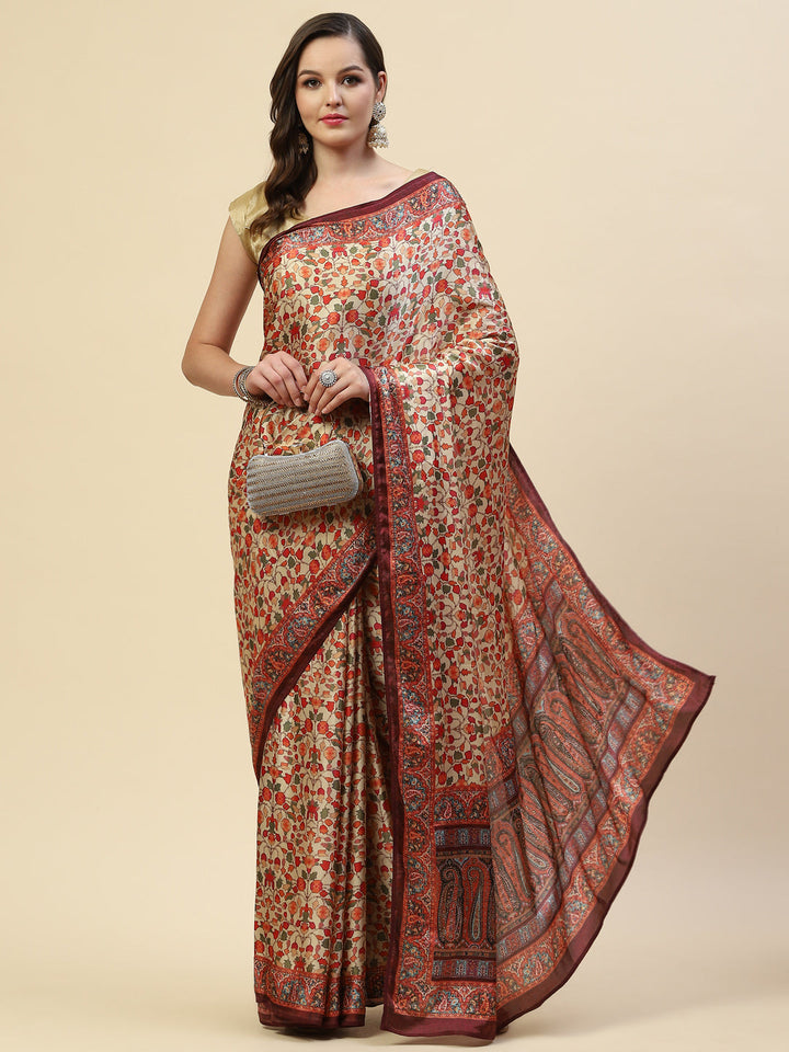 Floral Printed Satin Saree