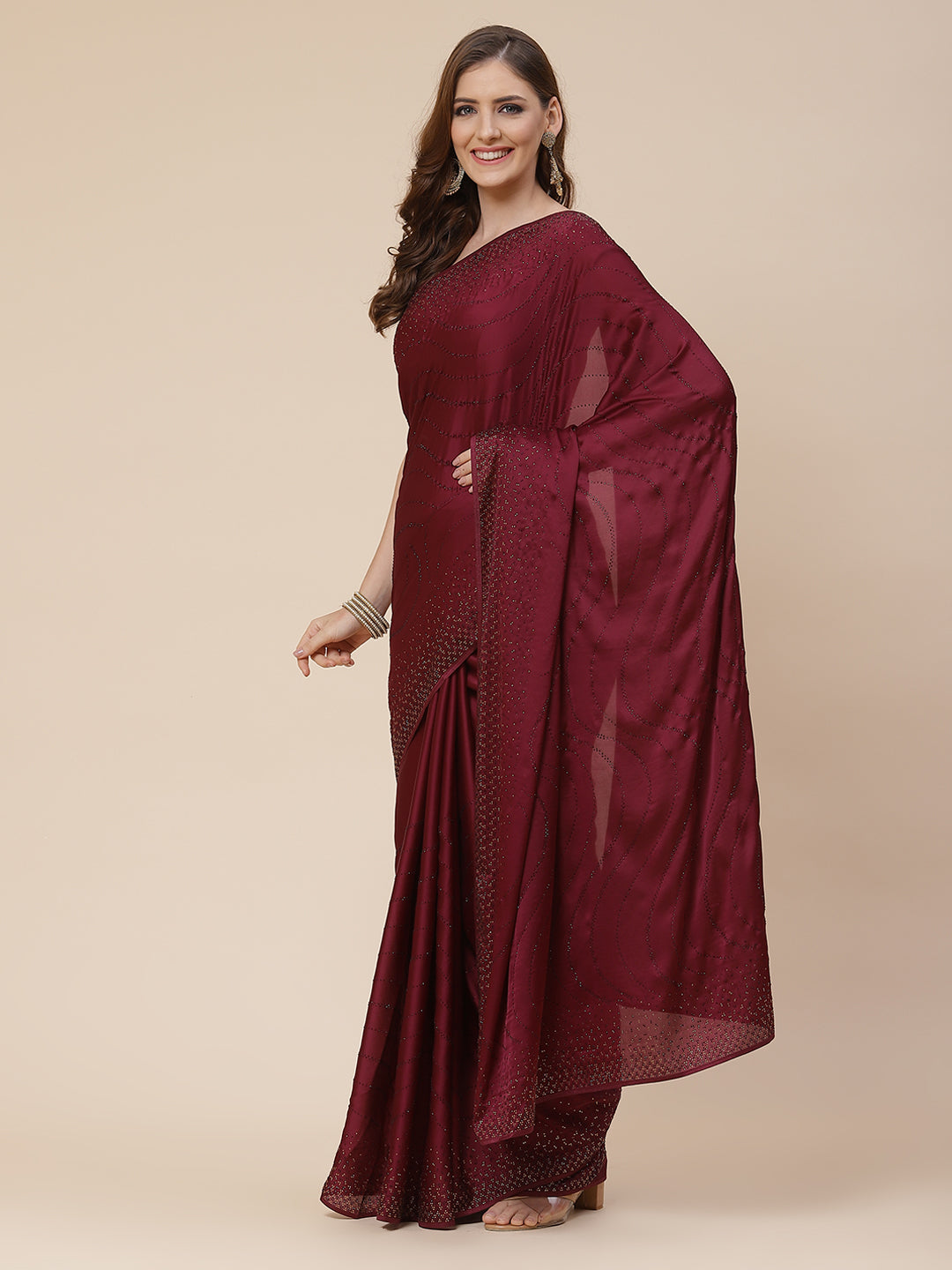 Stone Work Handloom Pure Satin Embroidered Saree