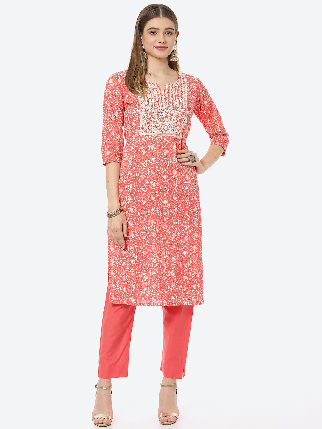 Resham Work Printed Chanderi Kurta With Pant