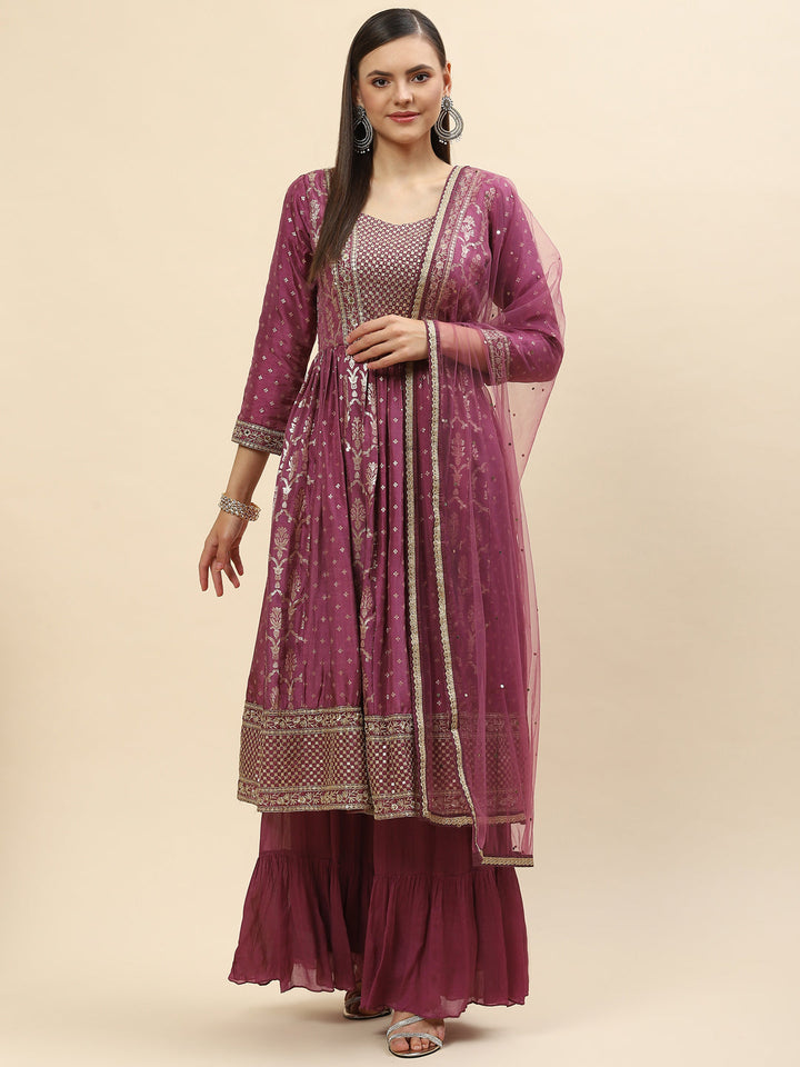 Banarasi Embroidered Chanderi Kurta With Sharara &amp; Net Dupatta