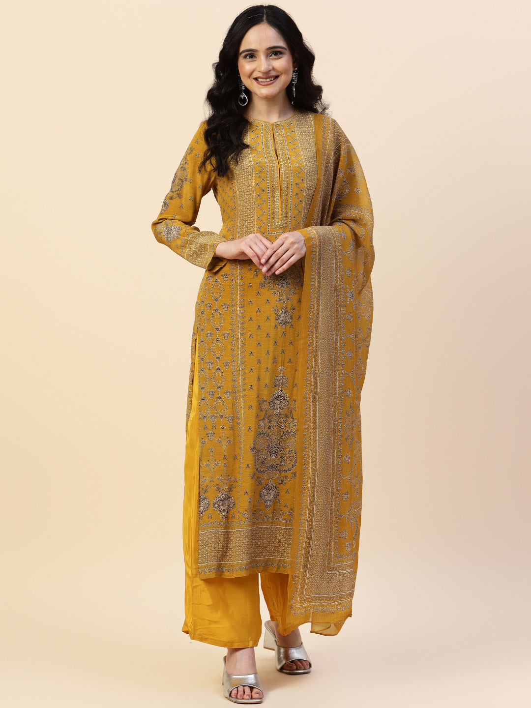 Digital Printed Crepe Kurta With Palazzo &amp; Dupatta