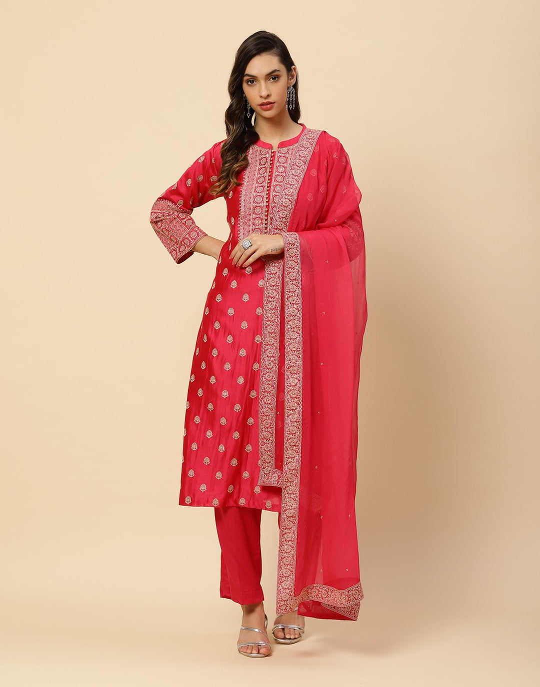 Embroidered Cotton Chanderi Salwar Kameez Stitched Suit With Chiffon Dupatta
