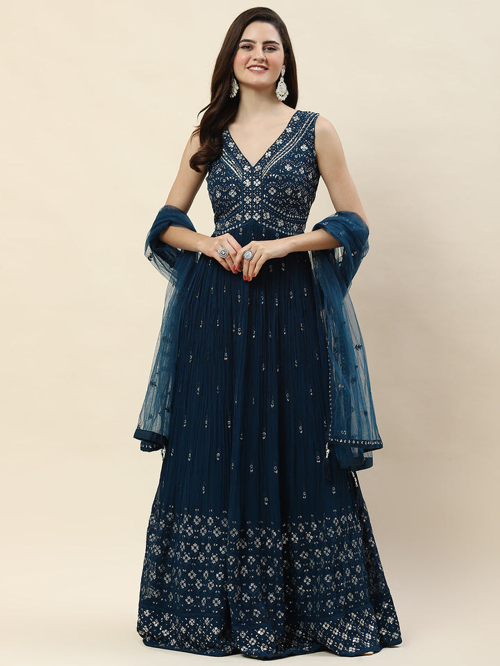 Sequin Embroidery Georgette Kurta With Palazzo &amp; Dupatta
