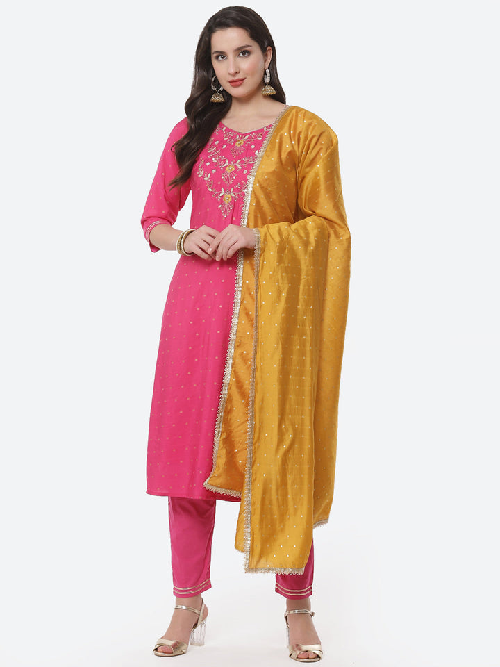 Embroidered Cotton Kurti With Pant And Dupatta
