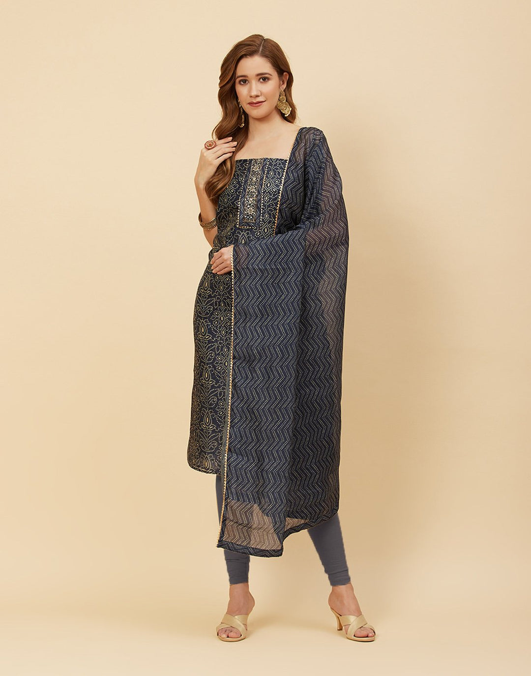 Printed Chanderi Suit Piece With Patch Work