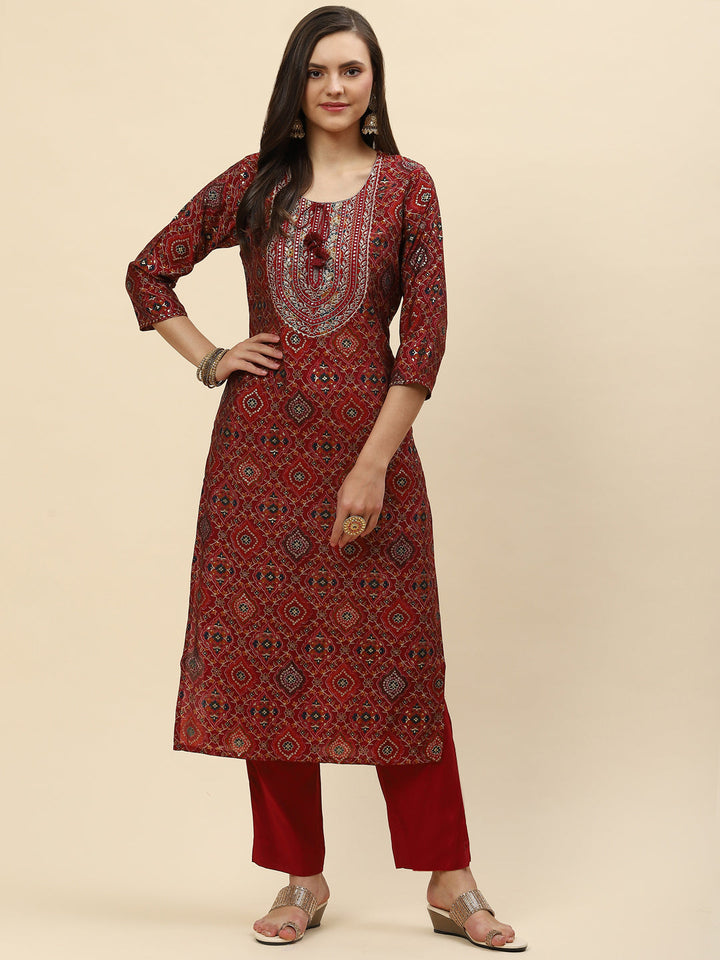 Zari Neck Embroidered &amp; Printed Muslin Kurta With Pants