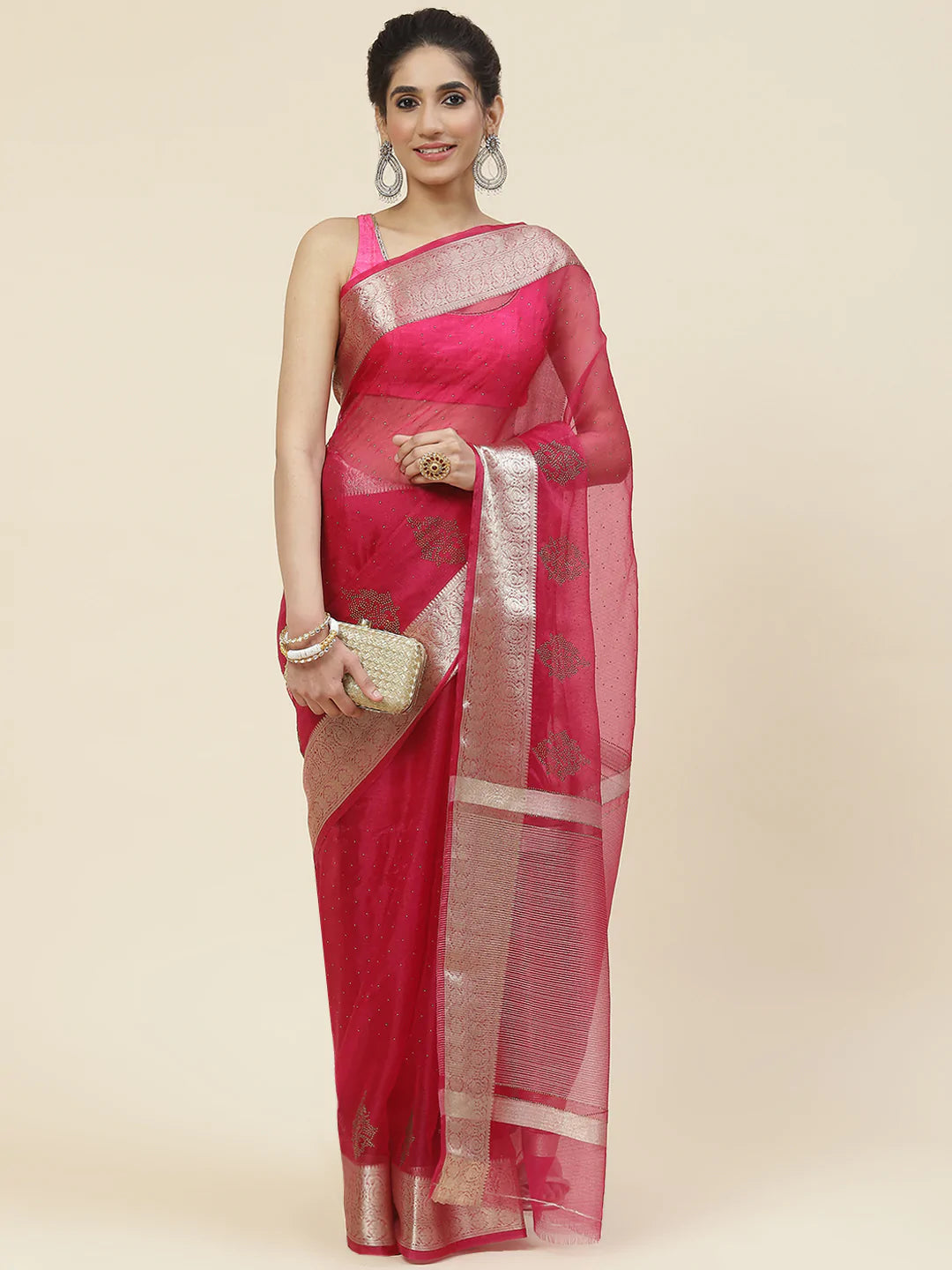 Stone Work Organza Plain Saree