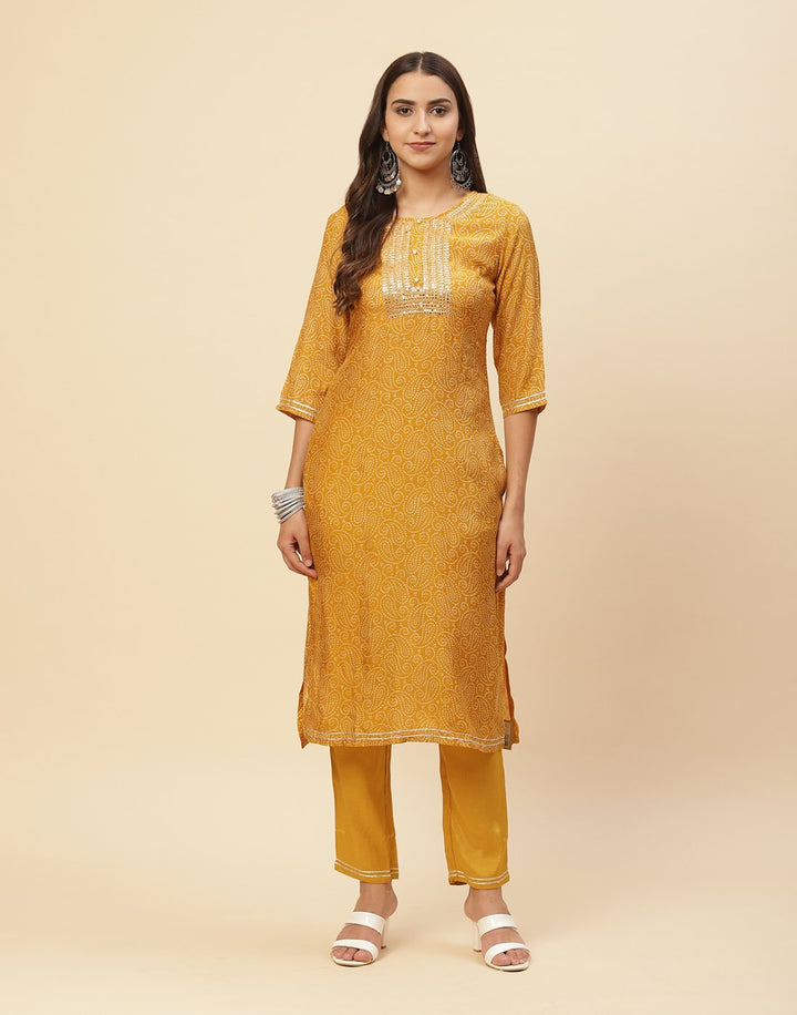 Mirror Work Printed Cotton Muslin Kurti With Pant