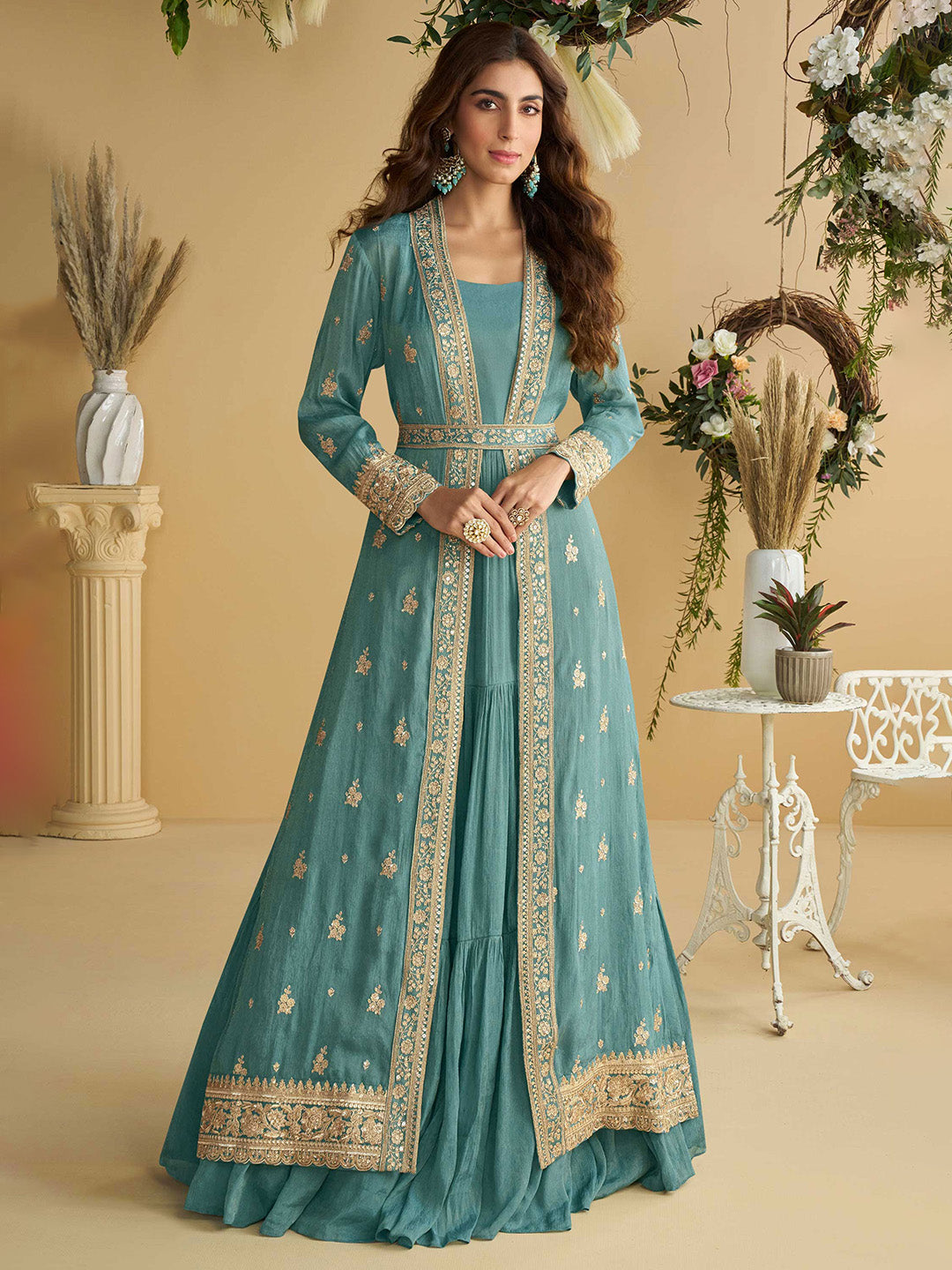 Embroidered Chinon Suit With Pant &amp; Jacket