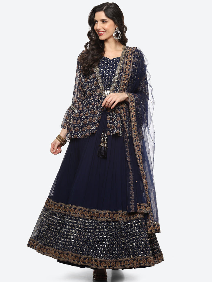 Resham Embroidered Georgette Choli Jacket With Lehenga &amp; Dupatta