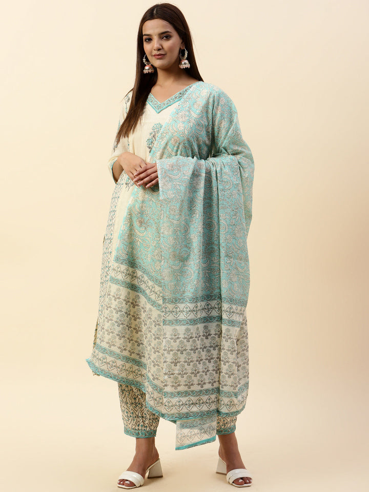 Printed Cotton Kurta With Pants &amp; Dupatta