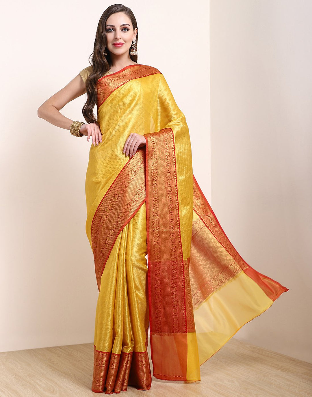 MBZ Meena Bazaar-Yellow Cotton Woven Saree