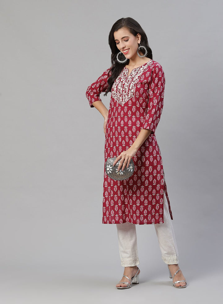 Yoke Embroidered Cotton Printed Kurti Pant Set