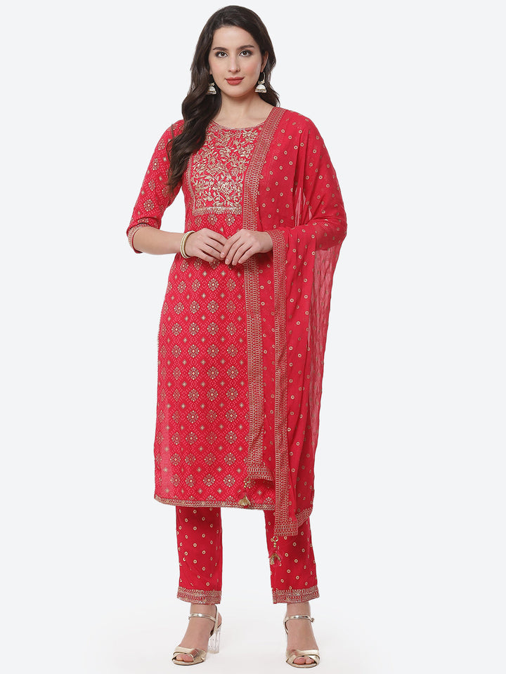 Zari Work Cotton Muslin Kurti Printed Pant And Dupatta