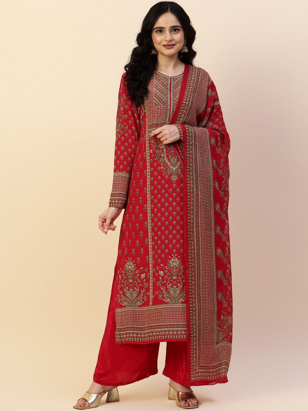 Digital Printed Crepe Kurta With Palazzo &amp; Dupatta