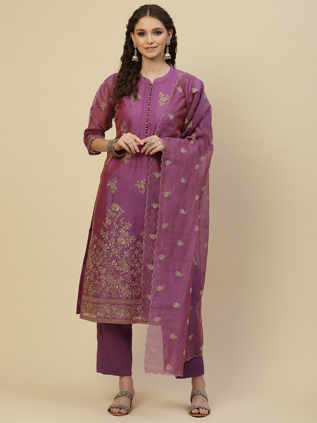 Zari Booti Cotton Kurta With Pants &amp; Dupatta