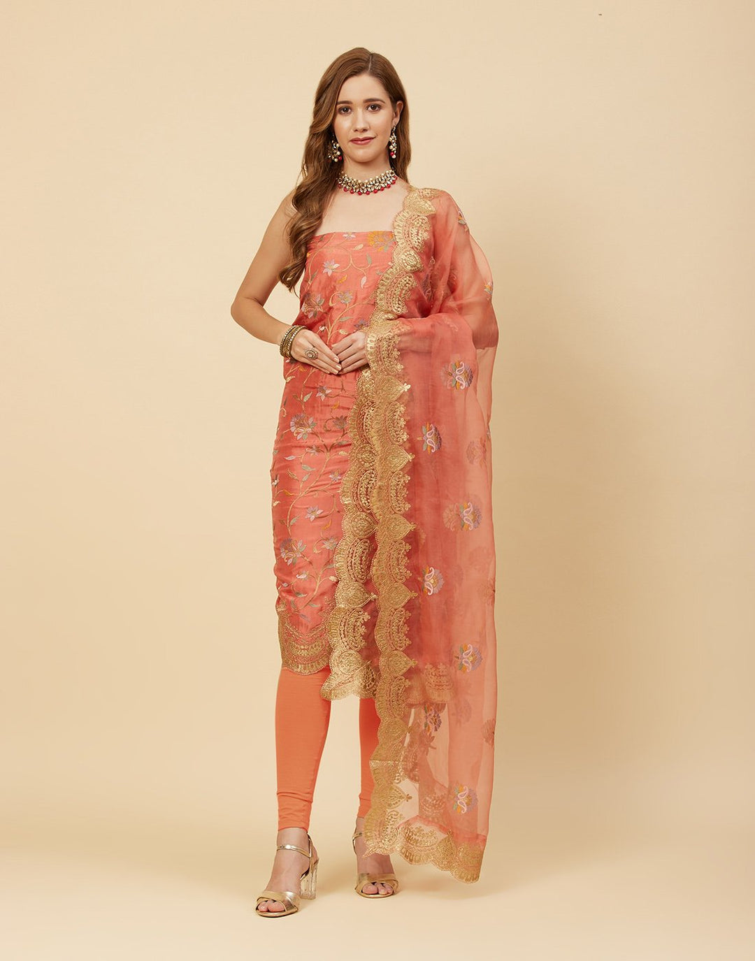 Embroidered Art Handloom Dupion Suit Piece With Organza Dupatta