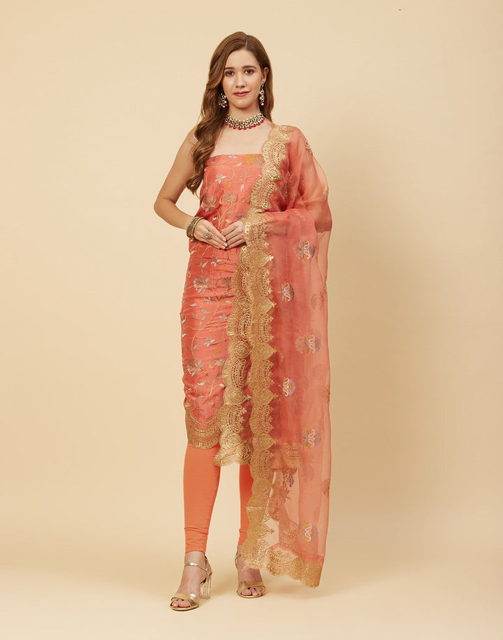 Embroidered Art Handloom Dupion Suit Piece With Organza Dupatta